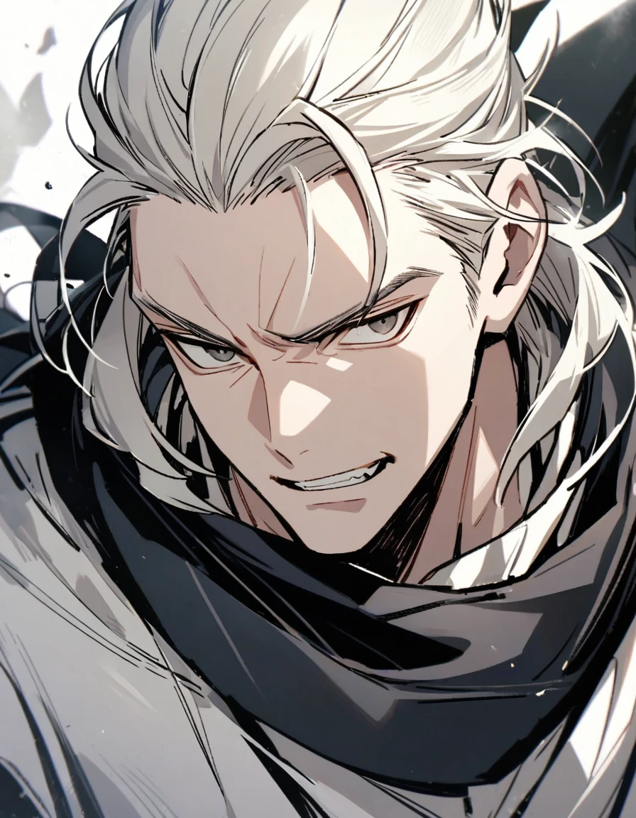absurderes, high resolution, ultra detaild, HDR, Masterpiece artwork, best qualityer, extremly detailed face and eyes, face perfect, ๐๐๐ซ๐๐ค๐ข ๐๐๐ง๐ฉ๐๐๐ก๐ข de Bleach, He has a fierce gaze with only one visible eye., the other covered by a strip of fabric. He wears a long, ragged cloak and carries a large, jagged sword..