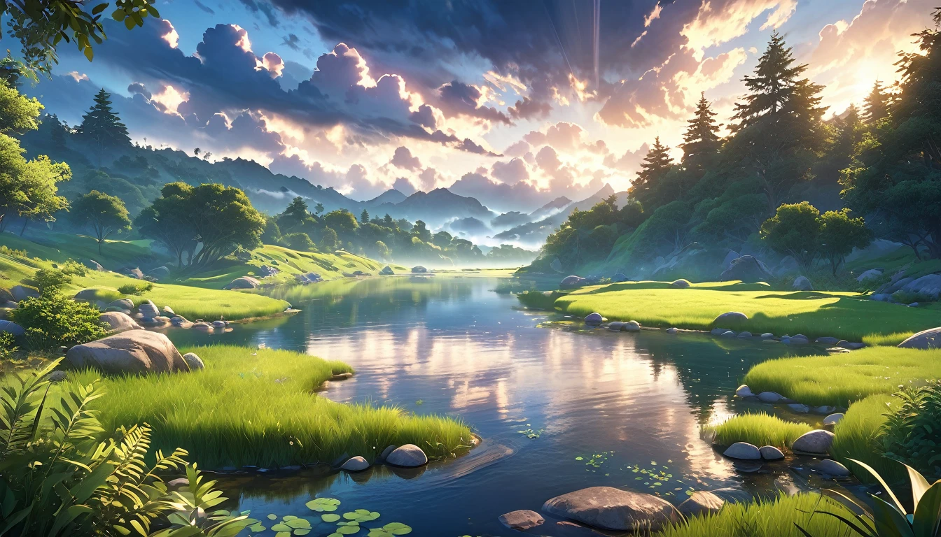 a beautiful anime landscape, a cloudy sky with a beam of light shining through the clouds, serene nature scenery, (best quality,4k,8k,highres,masterpiece:1.2),ultra-detailed,(realistic,photorealistic,photo-realistic:1.37),soft lighting,dramatic lighting,vibrant colors,detailed foliage,detailed clouds,detailed sky,intricate details,serene atmosphere,calming mood,stunning vista,dramatic sky,serene pond,lush greenery,picturesque landscape