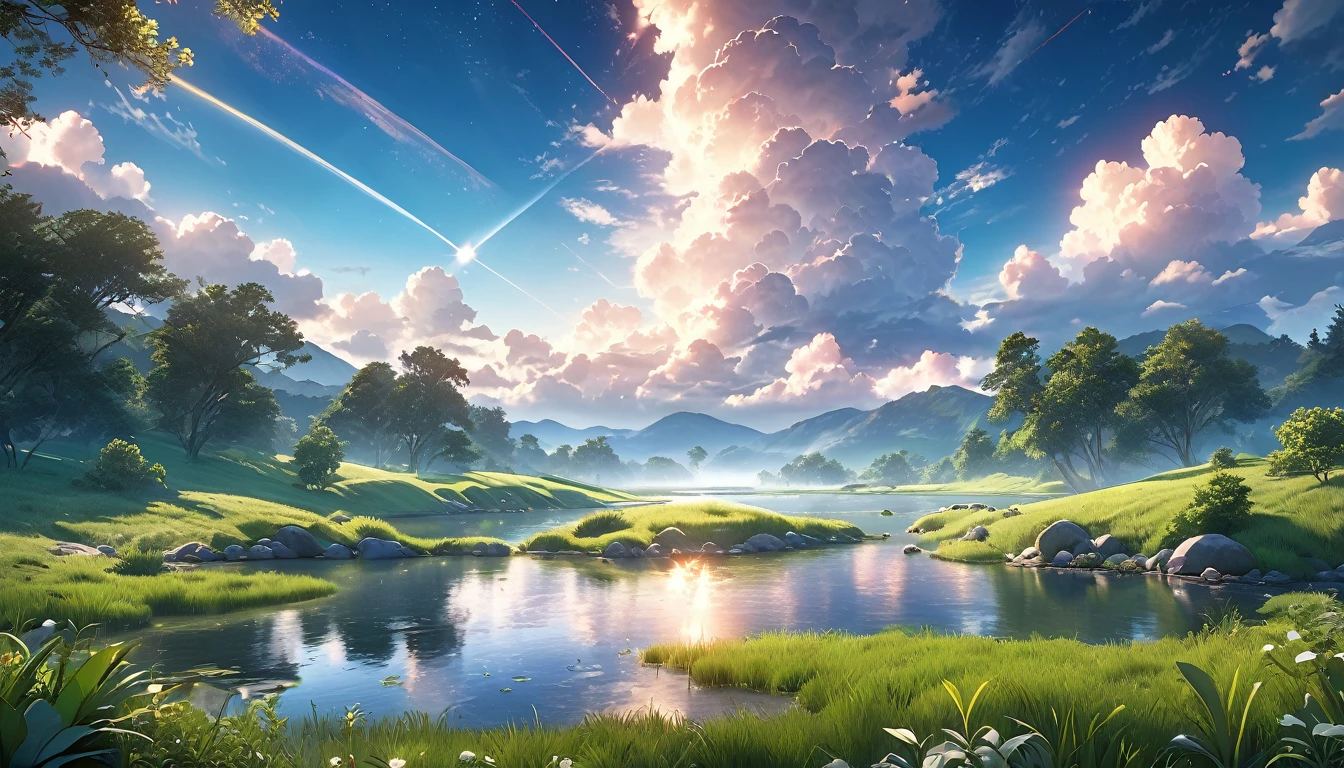 a beautiful anime landscape, a cloudy sky with a beam of light shining through the clouds, serene nature scenery, (best quality,4k,8k,highres,masterpiece:1.2),ultra-detailed,(realistic,photorealistic,photo-realistic:1.37),soft lighting,dramatic lighting,vibrant colors,detailed foliage,detailed clouds,detailed sky,intricate details,serene atmosphere,calming mood,stunning vista,dramatic sky,serene pond,lush greenery,picturesque landscape