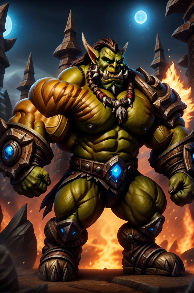 hyper muscular green orc, two arms, knotted penis, nipples pierced, wearing a leather harness, battle-worn, glowing red eyes, aggressively flexing, hyper penis, erect penis, big balls, Blizzard Entertainment, detailed skin, skin blemishes, Warcraft, background horde city, orgrimmar, background cinematic Hollywood movie style, light depth of field, vignette, highly detailed, high budget