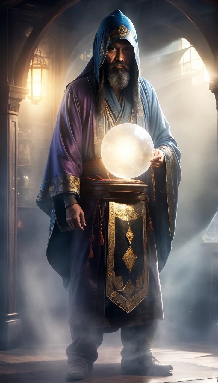 high resolution high quality Reality suspicious Giant fortune teller In front of a round crystal Intimidation Upper Body Looming metallic Transparency Facing forward suspicious雰囲気 Dark atmosphere Upper Body