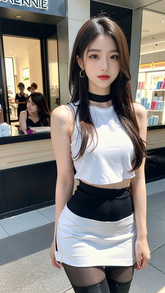 (((random composition : 1.2))), (realistic), (intricate details:1.2), (masterpiece、:1.3), (top quality:1.4), (Ultra A high resolution:1.2), Ultra A high resolution, 8K resolution, very detailed expression, (high quality), complete anatomy, natural anatomy, (full body photo:1.2), (1 korean girl), (In front of a cosmetics store's enterance :1.4), (She is promoting her new opening store.:1.5), (she Dancing femininely and sexyly : 1.4),(wearing in ear a microphone),(she doing promotional narration with mic while dancing K-pop..:1.4), (Event girl dispatched for business promotion purposes : 1.6), she is 21 years old, (she is korean:1.6), (beautiful : 1.4), (brightly colored hair), (She is Narrator model : 1.4), (She is Companion : 1.4),(She is event assistant : 1.4), (big earrings), (in-ear microphone : 1.4), heavy makeup, cheerful expression, choker necklace, long legs, (The girl is wearing a slim, sleeveless racing girl uniform and a tight, shiny miniskirt. : 1.4), (She is wearing flesh-colored shiny pantyhose under her skirt and white overknee boots. :1.4), glowing skin, passionate promotional model, friendly smile, (Making eye contact with each other :1.4), kidney practitioner, multiple wreaths, event roulette, signboard, woofer speakers, performance equipment, event product promotion, Lots of people passing by on the street and paying attention to her., In front of the shopping mall in crowed