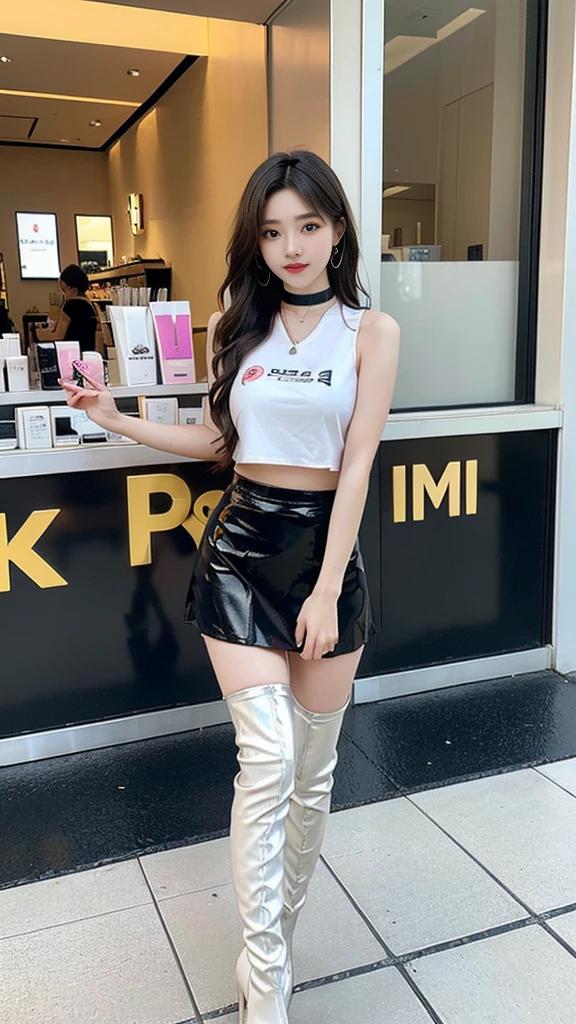 (((random composition : 1.2))), (realistic), (intricate details:1.2), (masterpiece、:1.3), (top quality:1.4), (Ultra A high resolution:1.2), Ultra A high resolution, 8K resolution, very detailed expression, (high quality), complete anatomy, natural anatomy, (full body photo:1.2), (1 korean girl), (In front of a cosmetics store's enterance :1.4), (She is promoting her new opening store.:1.5), (she Dancing femininely and sexyly : 1.4),(wearing in ear a microphone),(she doing promotional narration with mic while dancing K-pop..:1.4), (Event girl dispatched for business promotion purposes : 1.6), she is 21 years old, (she is korean:1.6), (beautiful : 1.4), (brightly colored hair), (She is Narrator model : 1.4), (She is Companion : 1.4),(She is event assistant : 1.4), (big earrings), (in-ear microphone : 1.4), heavy makeup, cheerful expression, choker necklace, long legs, (The girl is wearing a slim, sleeveless racing girl uniform and a tight, shiny miniskirt. : 1.4), (She is wearing flesh-colored shiny pantyhose under her skirt and white overknee boots. :1.4), glowing skin, passionate promotional model, friendly smile, (Making eye contact with each other :1.4), kidney practitioner, multiple wreaths, event roulette, signboard, woofer speakers, performance equipment, event product promotion, Lots of people passing by on the street and paying attention to her., In front of the shopping mall in crowed