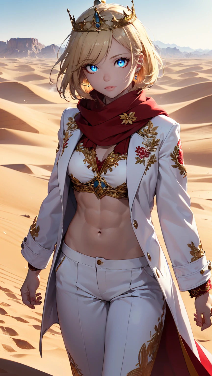 masterpiece, best quality, high definition, highres, (1girl, solo:1.3), (blonde hair, short hair, hair swaying from the wind:1.3), (blue eyes, detailed eyes, bright pupils:1.3), (white jacket, white coat, red scarf, royal robes, ornate shirt, embroidered shirt, white pants:1.4), (crown, wearing crown:1.3), (muscular, muscular female, fit:1.3), (midriff, navel, stomach:1.2), (standing, walking:1.2), (scenery, desert scenery, intricate desert background, sand mounds:1.4), (day time, warm lighting, dust particles, bokeh:1.1), 