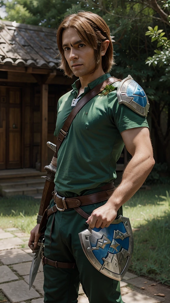 Link from legend of Zelda videogame series holding a sword and shield