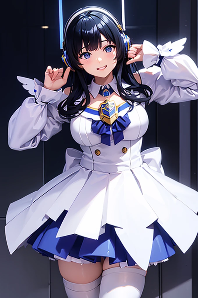 Mecha Wings、White and blue skirt、Accentuated thighs、White tights、chest、Beautiful black hair、1 girl、solo girl、Thick thighs、is、Frame Arms Girl、Alice Gere Aegis、White Armor、Blue and purple lines、income、headphone、hand on own chest、smile、idol costume