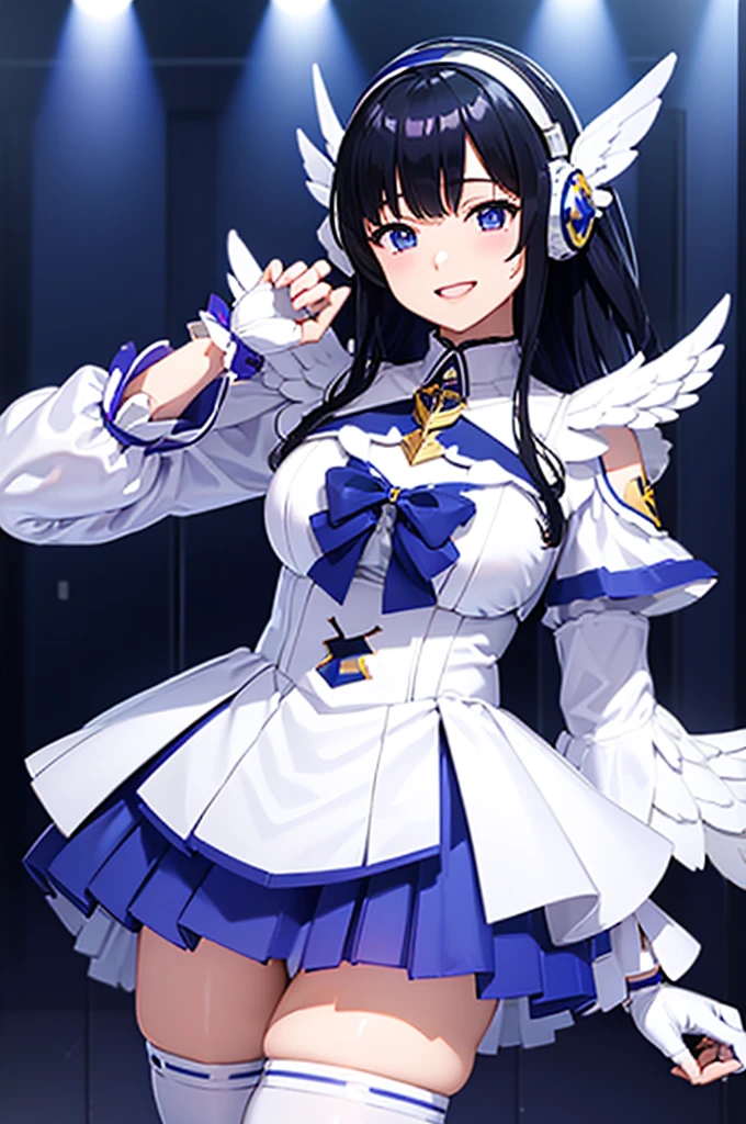 Mecha Wings、White and blue skirt、Accentuated thighs、White tights、chest、Beautiful black hair、1 girl、solo girl、Thick thighs、is、Frame Arms Girl、Alice Gere Aegis、White Armor、Blue and purple lines、income、headphone、hand on own chest、smile、idol costume