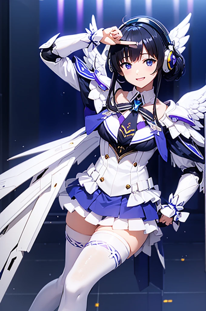 Mecha Wings、White and blue skirt、Accentuated thighs、White tights、chest、Beautiful black hair、1 girl、solo girl、Thick thighs、is、Frame Arms Girl、Alice Gere Aegis、White Armor、Blue and purple lines、income、headphone、hand on own chest、smile、idol costume