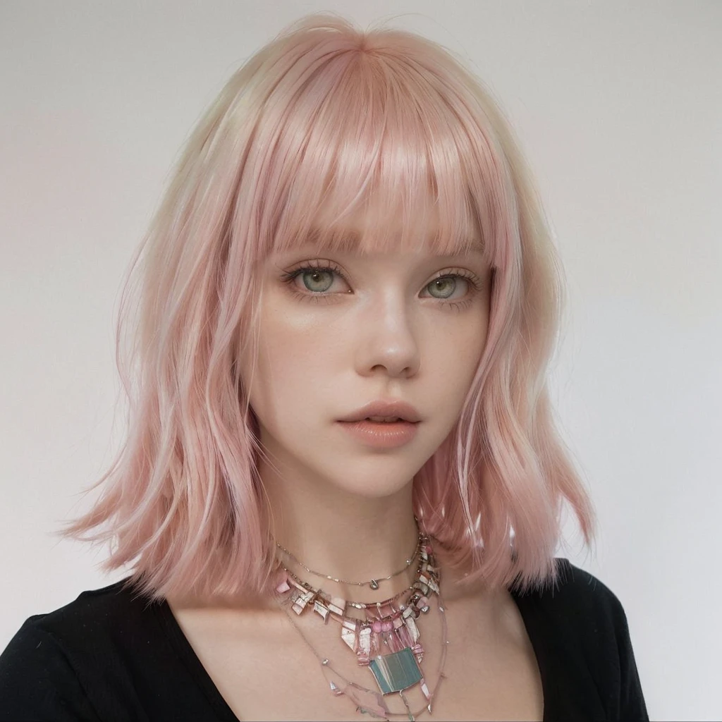A closeup of a woman with pink hair and a necklace, thinning pink hair, blonde hair with pink highlights, light pink hair with pink flames, Cute girl with short pink hair, with pink hair, cabello con white bangs, white bangs, flowing pink hair, extremely pale blonde hair, pale fur, light pink hair, with short hair with bangs,Blackpink rose