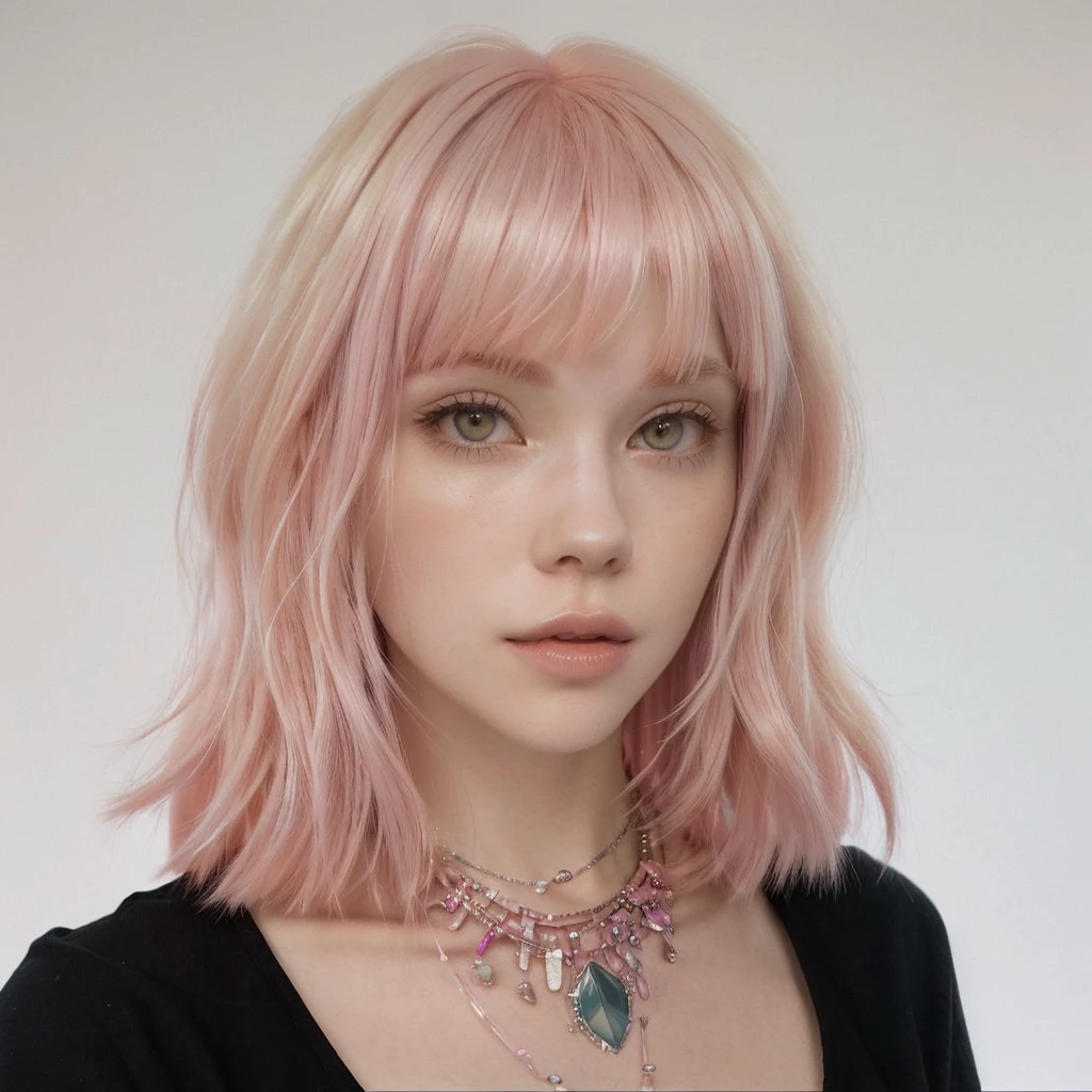 A closeup of a woman with pink hair and a necklace, thinning pink hair, blonde hair with pink highlights, light pink hair with pink flames, Cute girl with short pink hair, with pink hair, cabello con white bangs, white bangs, flowing pink hair, extremely pale blonde hair, pale fur, light pink hair, with short hair with bangs,Blackpink rose