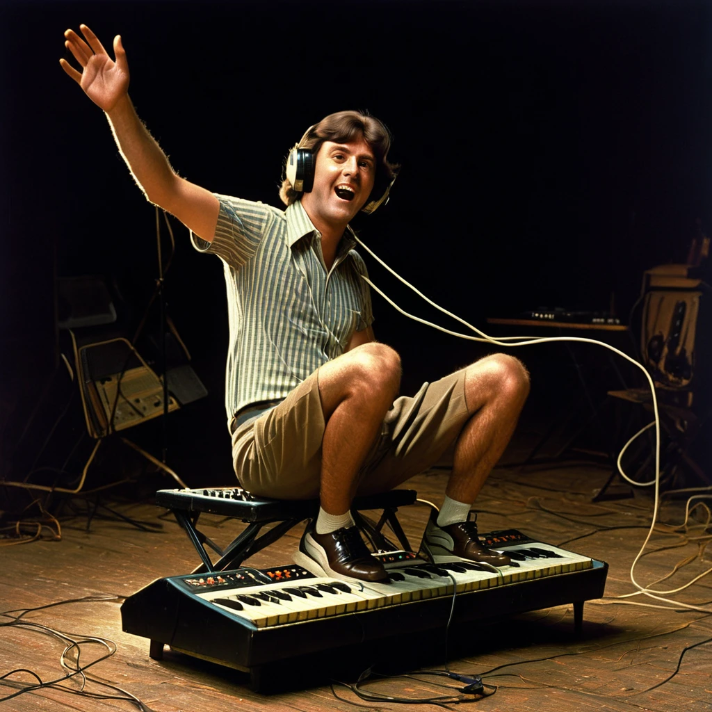 a man sitting on a flying electric keyboard, oldest camp, 1970s nostalgic, highly detailed, photorealistic, cinematic, dramatic lighting, neutral, hyper-realistic, masterpiece, best quality