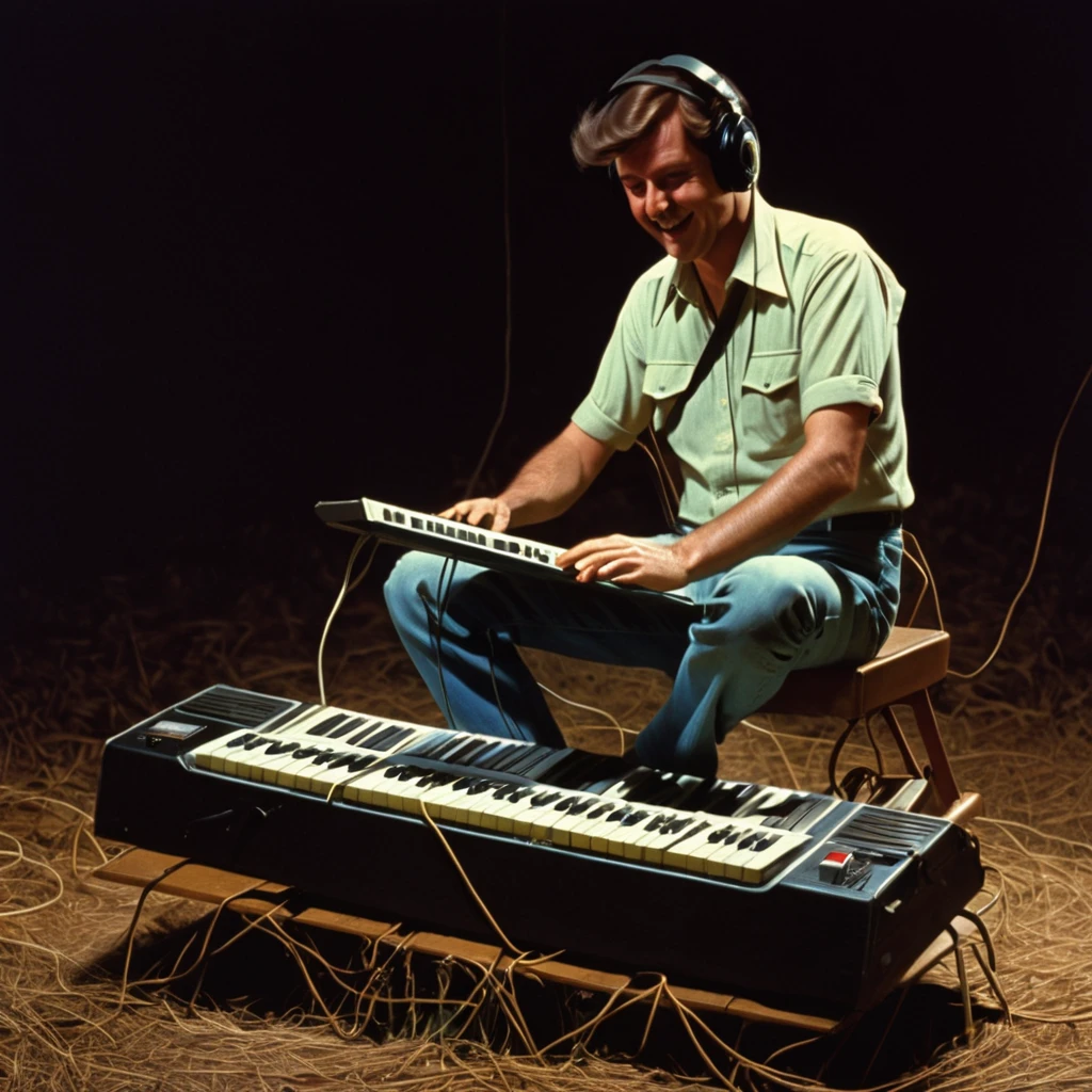a man sitting on a flying electric keyboard, oldest camp, 1970s nostalgic, highly detailed, photorealistic, cinematic, dramatic lighting, neutral, hyper-realistic, masterpiece, best quality