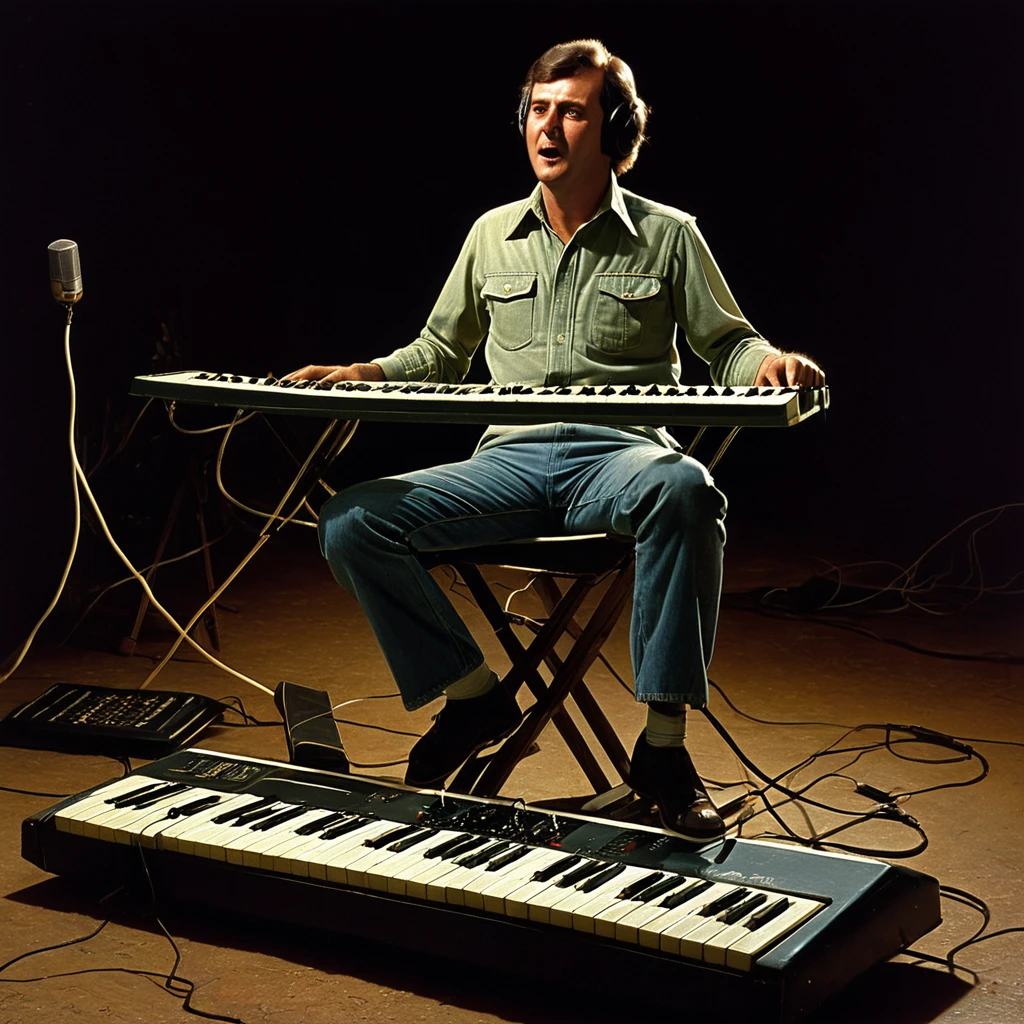 a man sitting on a flying electric keyboard, oldest camp, 1970s nostalgic, highly detailed, photorealistic, cinematic, dramatic lighting, neutral, hyper-realistic, masterpiece, best quality