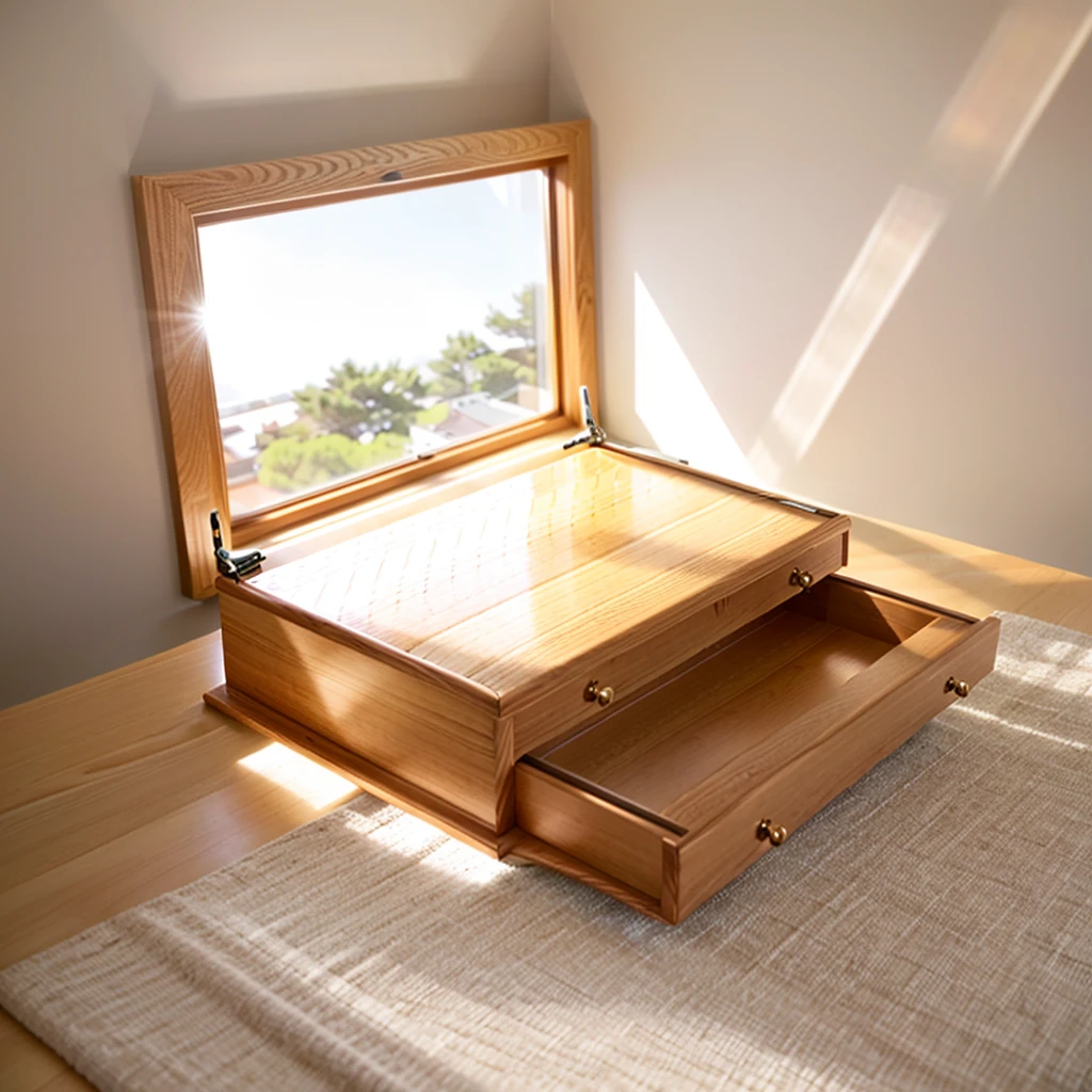 In this cozy room，A ray of sunlight shone through the half-drawn curtains on the table，Let the wood grain on the watch storage box shine with a faint luster。There was a calm and peaceful atmosphere in the air around them。There are several still lifes hanging on the walls of the room，It adds a touch of elegance to the space。And on the other side of the room，The half-open window lets in the breeze，The pages on the small desk by the window turned in the wind，This quiet scene gives a sense of tranquility and comfort。

