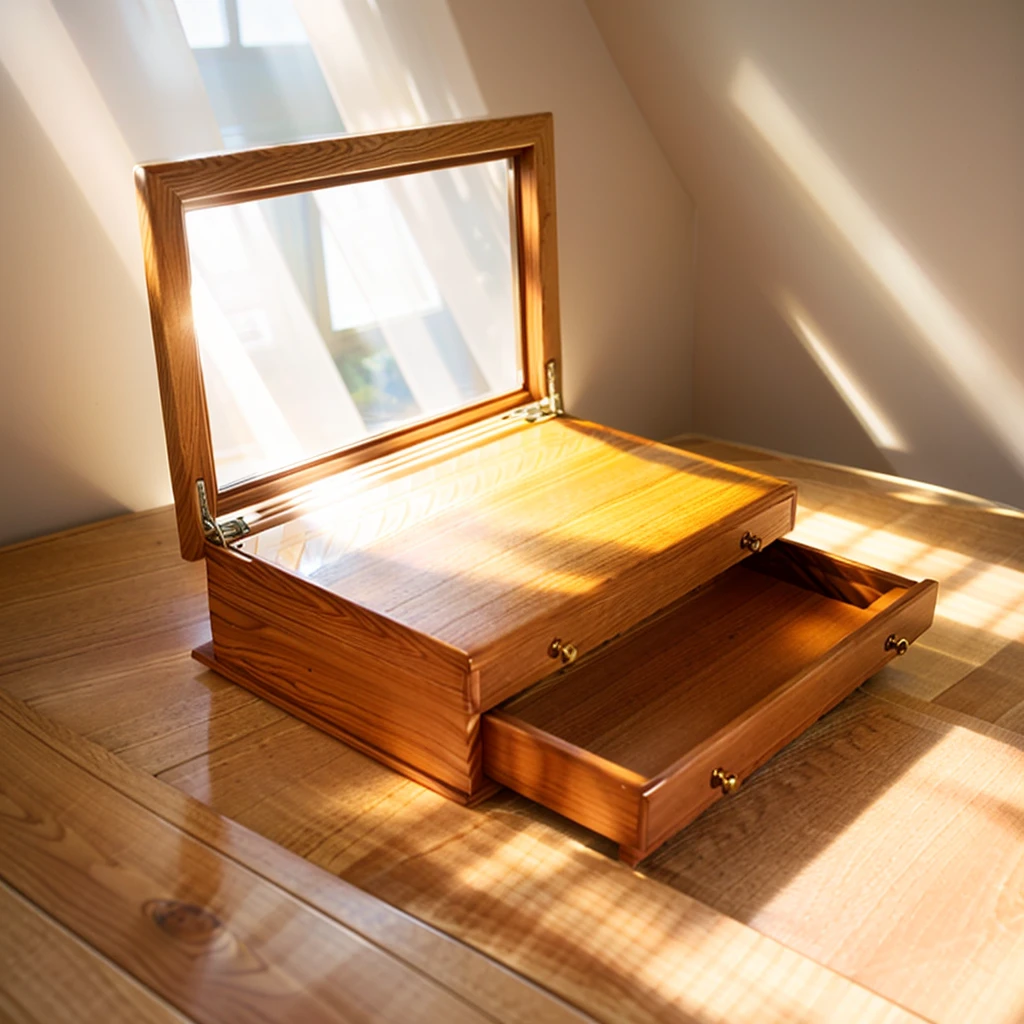 In this cozy room,A ray of sunlight shone through the half-drawn curtains on the table,Let the wood grain on the watch storage box shine with a faint luster。There was a calm and peaceful atmosphere in the air around them。There are several still lifes hanging on the walls of the room,It adds a touch of elegance to the space。And on the other side of the room,The half-open window lets in the breeze,The pages on the small desk by the window turned in the wind,This quiet scene gives a sense of tranquility and comfort。