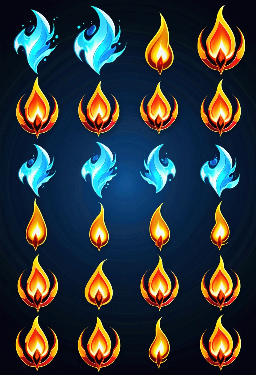 A set of flame icons for the game, game icon feature, fantasy game spell symbol, game icon estilizado, game icon, fantasy game spell icon, flame stones are scattered, holy fire spell art, fantasy elements, league of legends arcane, magic elements, fantasy game art style, Magic Flame, blue fire powers