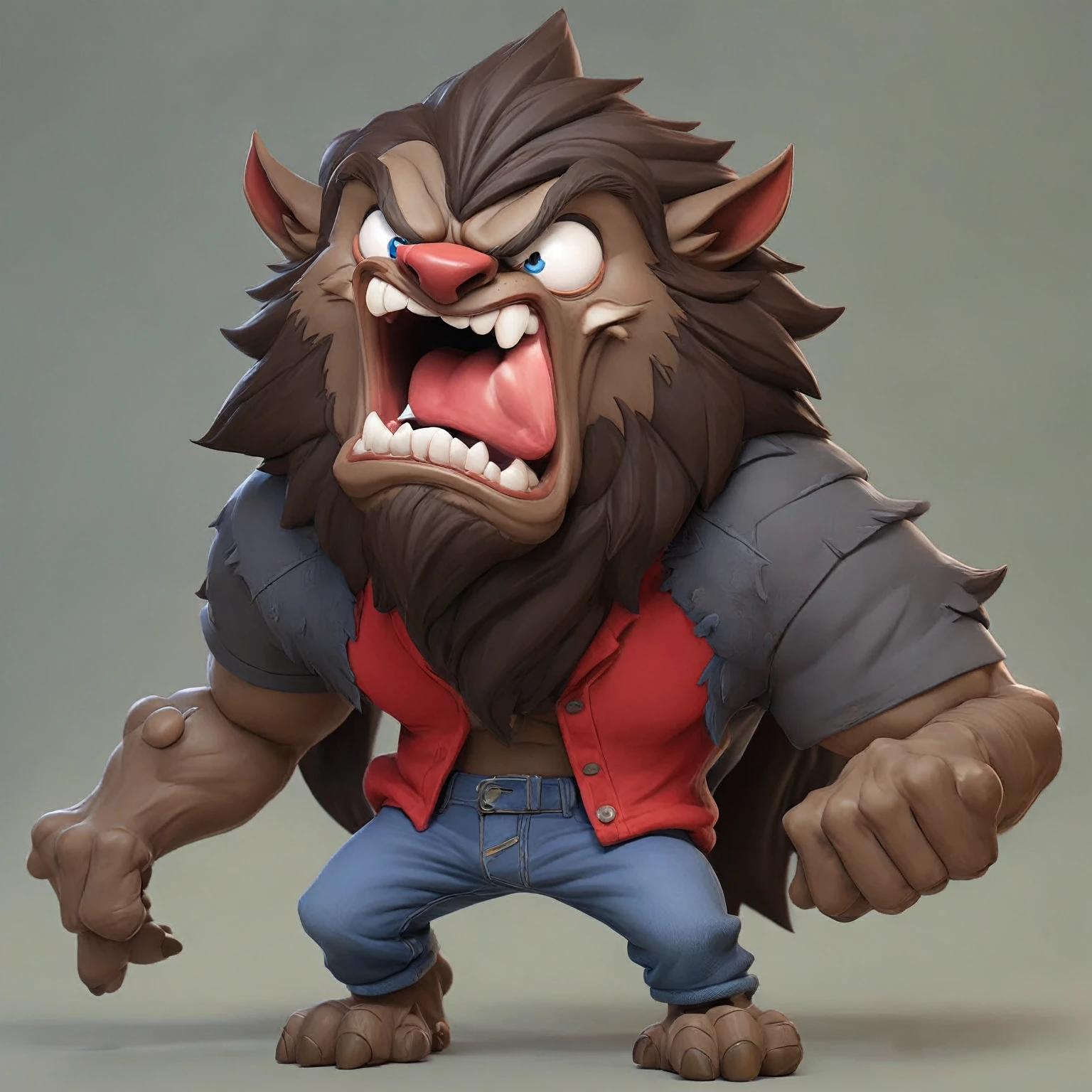 cartoon illustration of a werewolf with a red shirt and blue jeans, angry high moral sexy werewolf, werewolf man, werewolf?, werewolf, muscular werewolf, big bad wolf, werewolf”, an anthropomorphic wolf, anthropomorphic wolf, an anthro wolf, transforming into werewolf, inspired by Samuel Hieronymus Grimm, portrait of a werewolf, scary angry pose