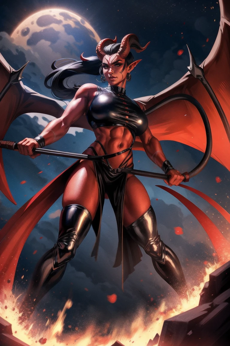 Red skin succubus tiefling, digitigrade legs, full breasts, medium breasts, black horns, wings, huge tail, black leather, crop top, long flowing pelvic curtain, tall, toned, graceful, thin, long black ponytail. Action scene, whip. Dark scene, explosions, night sky.
