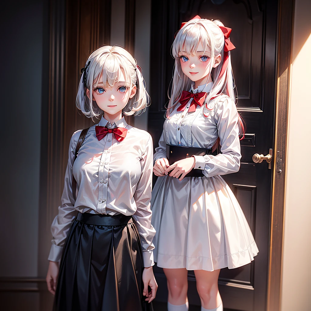 a beautiful young girl in , 1girl, , white blouse, black skirt, red bow tie, small red hair ribbon, long white socks, black school shoes, silver hair, beautiful blue eyes, gentle smile, detailed face, highly detailed, photorealistic, hyper-realistic, 8k, digital painting, masterpiece, realistic lighting, cinematic composition, vibrant colors