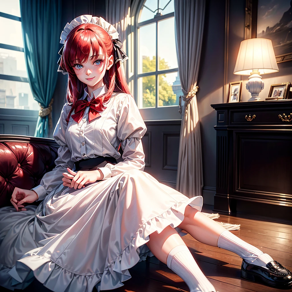 a beautiful young girl in , 1girl, , white blouse, black skirt, red bow tie, small red hair ribbon, long white socks, black school shoes, silver hair, beautiful blue eyes, gentle smile, detailed face, highly detailed, photorealistic, hyper-realistic, 8k, digital painting, masterpiece, realistic lighting, cinematic composition, vibrant colors
