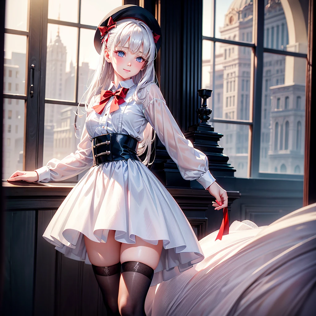 a beautiful young girl in , 1girl, , white blouse, black skirt, red bow tie, small red hair ribbon, long white socks, black school shoes, silver hair, beautiful blue eyes, gentle smile, detailed face, highly detailed, photorealistic, hyper-realistic, 8k, digital painting, masterpiece, realistic lighting, cinematic composition, vibrant colors