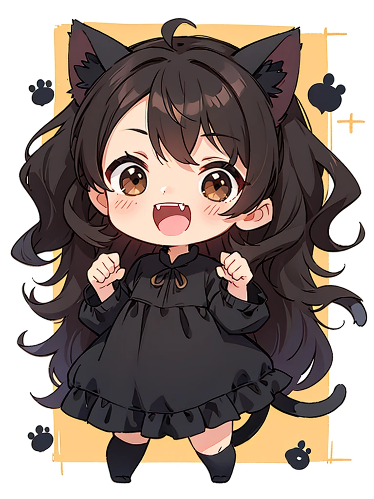 Chibi, whole body, A pretty woman, long black wavy hair, Brown eyes, black clothes, cat ears and tail, fangs, horns