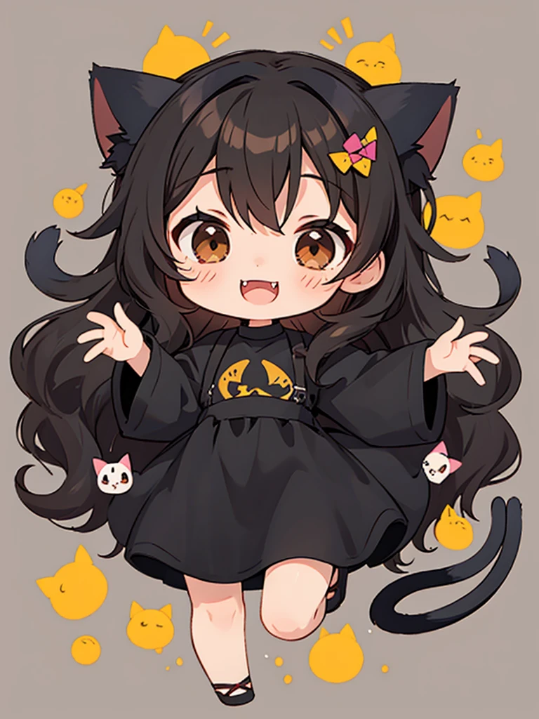 Chibi, whole body, A pretty woman, long black wavy hair, Brown eyes, black clothes, cat ears and tail, fangs, horns