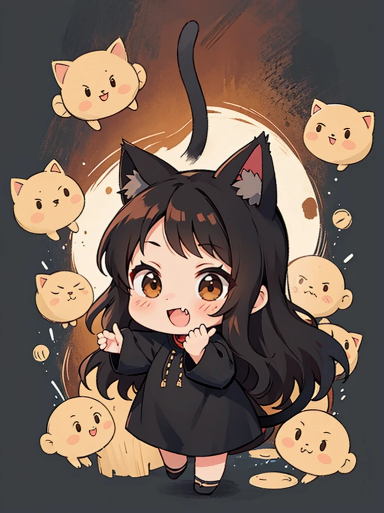 Chibi, whole body, A pretty woman, long black wavy hair, Brown eyes, black clothes, cat ears and tail, fangs, horns 