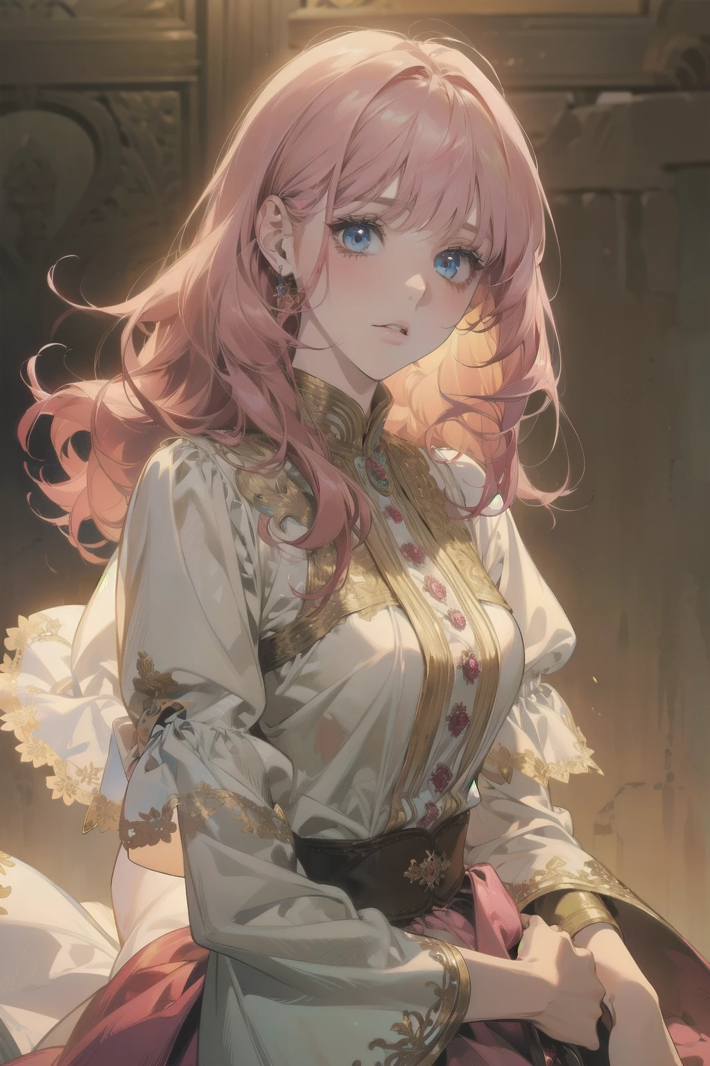 (beautiful, detailed, HD, 32K, best quality, great resolution) a cute villager girl with pale skin, long wavy cherry pink hair with bangs, pale blue eyes, pink lips, slim body, looking at viewer with a confused expression, behing her there is a town, the lighting is golden hour, has a simple but cuteley detailed dress, looks like a princess and has a youtful round face