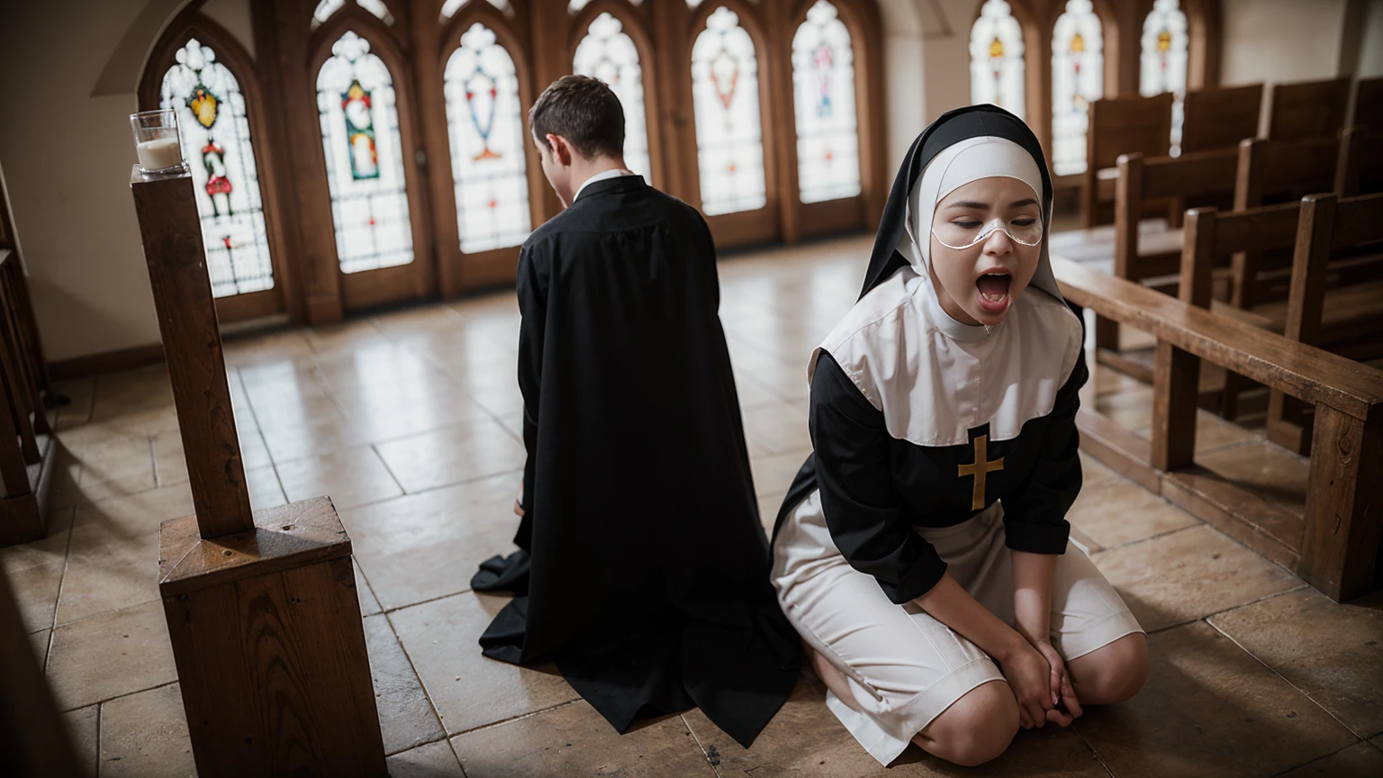 A young and very beautiful nun、((Open your mouth wide:1.7))、(Pour a large amount of milky liquid on your face)、Wearing a blindfold、Face the viewer、Kneeling pose、At the altar of the chapel、Shot from above、cr1r3、lora:Mary_N_RV2_150:0.7、natural breasts. 8k resolution. cinematic. photo-realistic. skimpy nun habit