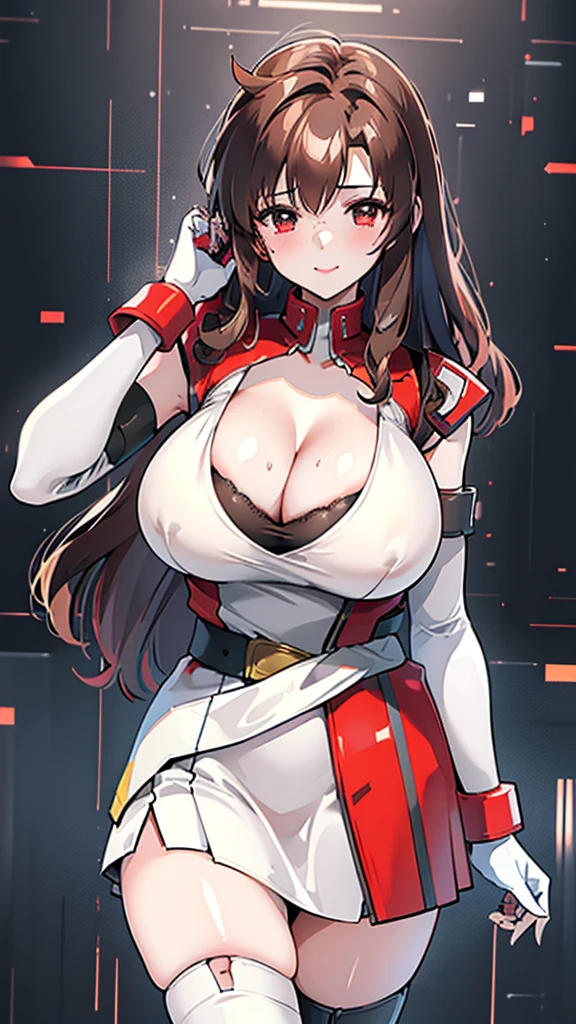 18 year old girl，，brown hair，curls，Zhangzui smile，Huge breasts，Cleavage，Transparent red sleeveless top，Leave space in the middle to reveal Cleavage，Soaked all over，blush，Red eyes，female spy，red miniskirt，White gloves，White hand sleeves，White boots，Science fiction，future，Inside the robot warehouse，robot driver，He has a pistol hanging from his waist，Lipstick，Nipples exposed，Wear a mecha belt around your waist，Wear a mecha on your arm