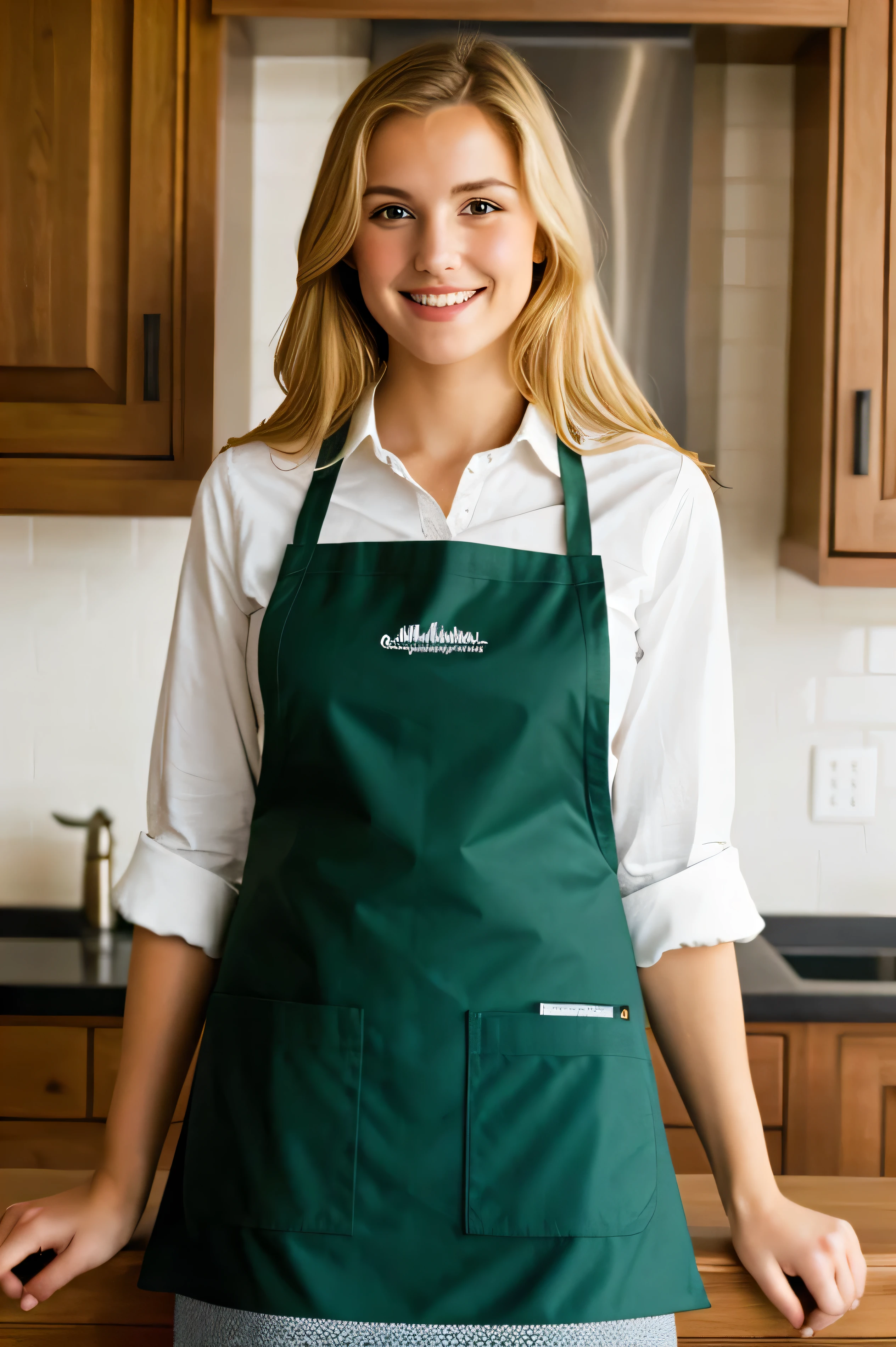 ((Best Quality)), ((Masterpiece)), (detailed), 1 blonde girl, with green apron