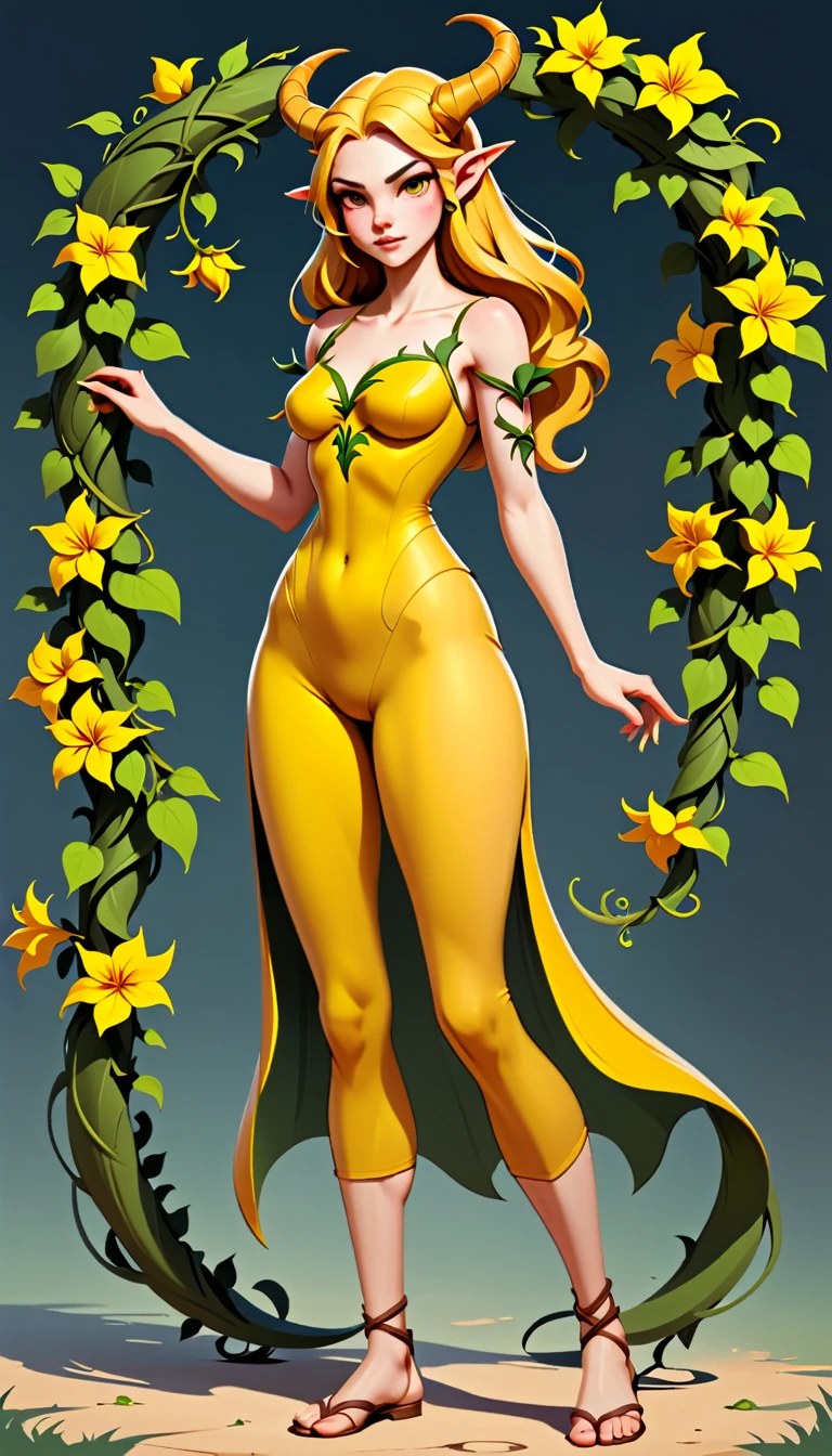 simple style, valorant style,haracter concept art,  yellow medieval summer girl, concept, vines on the hand and horns from vines, full body