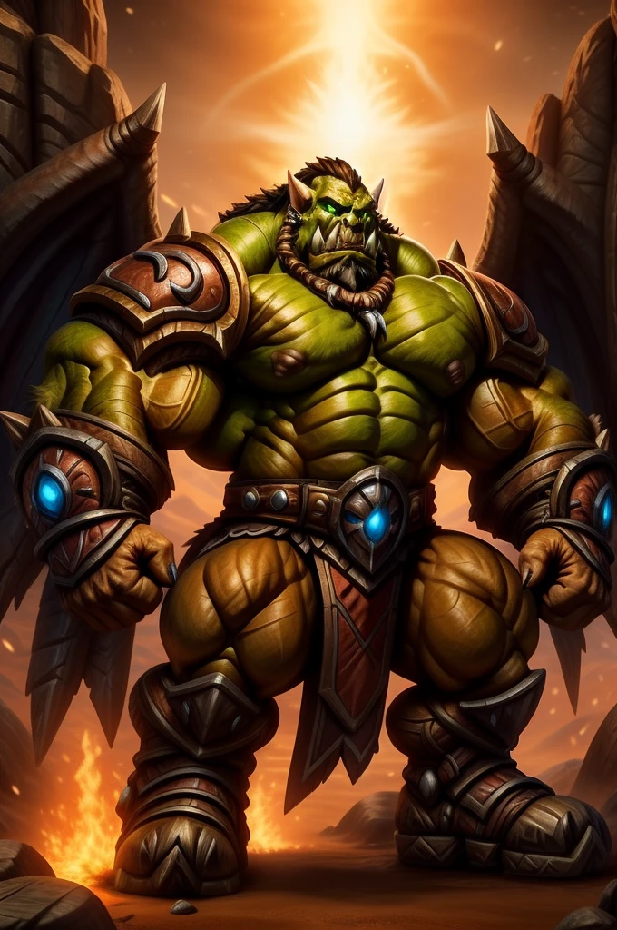 green hyper muscular orc warrior wearing battle armor, bara chest, aggressively flexing, most muscular pose, Blizzard Entertainment, detailed skin, skin blemishes, Warcraft, lighting should be warm and inviting, casting a soft glow and highlighting the rich colors of his flesh, background cinematic Hollywood movie style, light depth of field, vignette, highly detailed, high budget