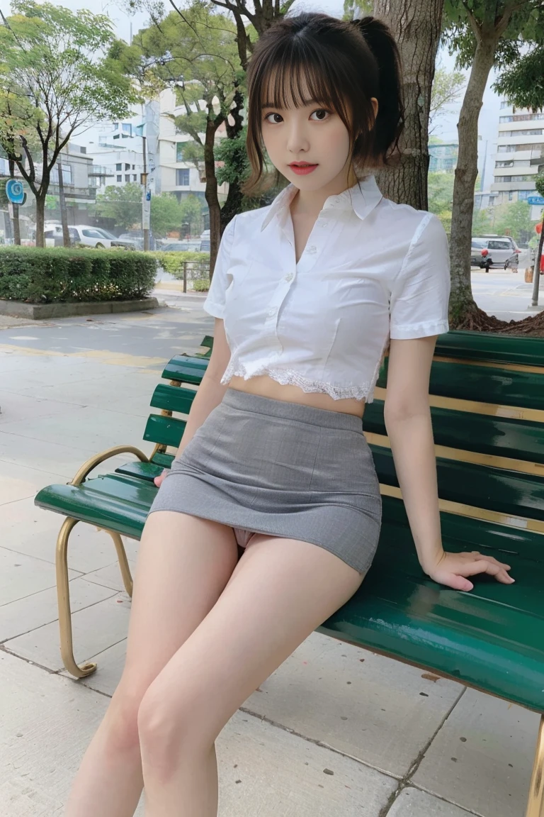 、Thin legs、ponytail、ribbon、skinny、slim、(Grey mini skirt))sitting on a park bench、Knees forward、(White lace panties)(Unbutton your shirt、Lace bra)Wear cute sneakers、The whole body seen from the front、Flash photography