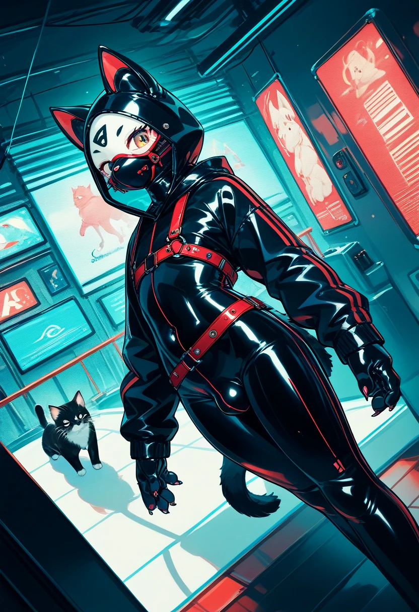 Highest quality, Highest quality, High quality illustrations, masterpiece, Ultra-high resolution, Detailed Background, room, Absurd, Perfect Anatomy, performance, Good lighting, Shadows in the movies(kemono, Furry PersonifiCation), Cat, Black Skin, Rubber suit, Rubber suit, latex, neon, neonライト, neonカラー, White rubber hoodie, Rubber mask, Red harness, juvenile, null bulge, From above