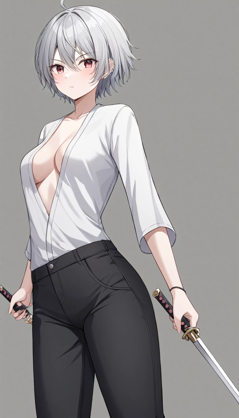 Holding dual swords、Silver short hair、assassin、Sarashi on the chest、Black thin pants