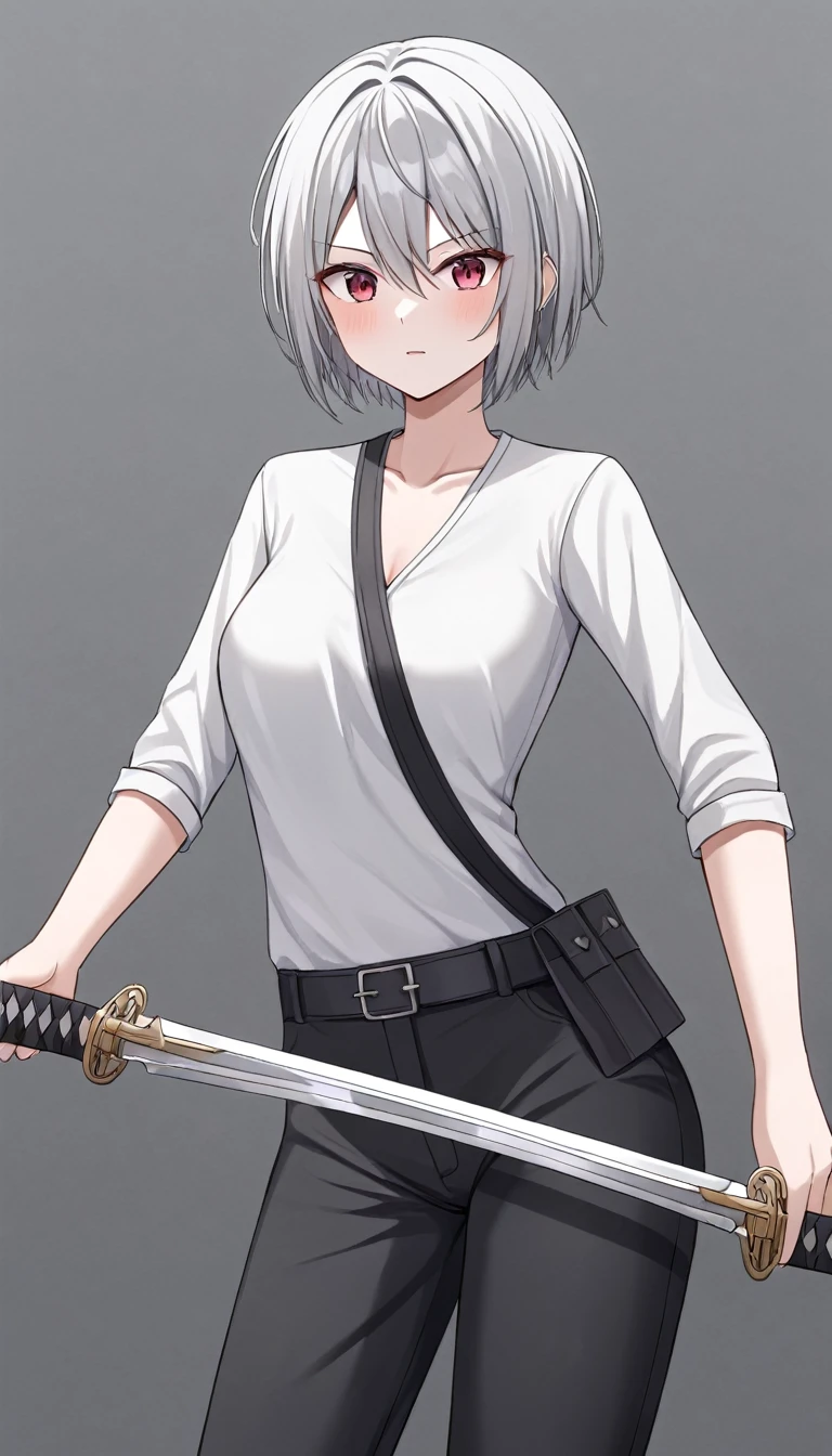 Holding dual swords、Silver short hair、assassin、Sarashi on the chest、Black thin pants