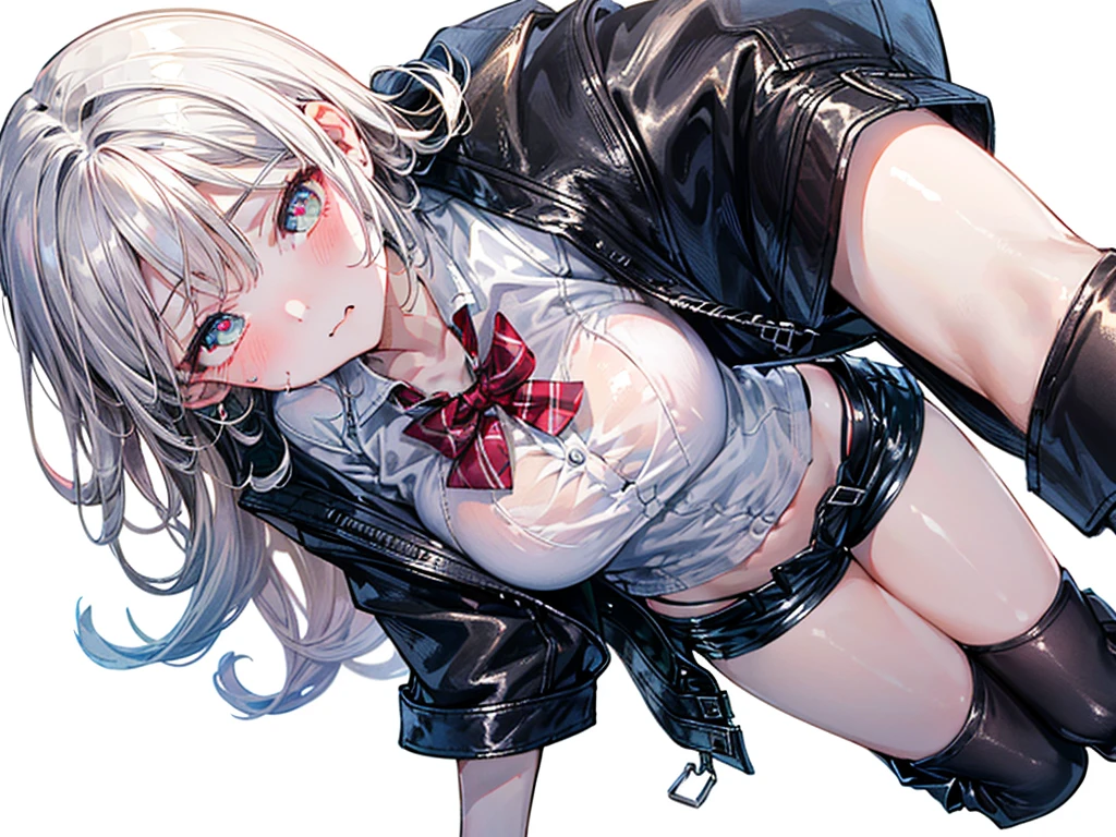 (Best quality, 8k, 32k, Masterpiece, UHD,:1.2),RAW, 1girl,ultra cute , natural lighting,transparent shining eyes, 20yo ,fair complexion, (vulgarity:0.8), (fucked silly:0.8),,(trembling:1.3)),((leather jacket, short pants,)),,White Background, medium breast