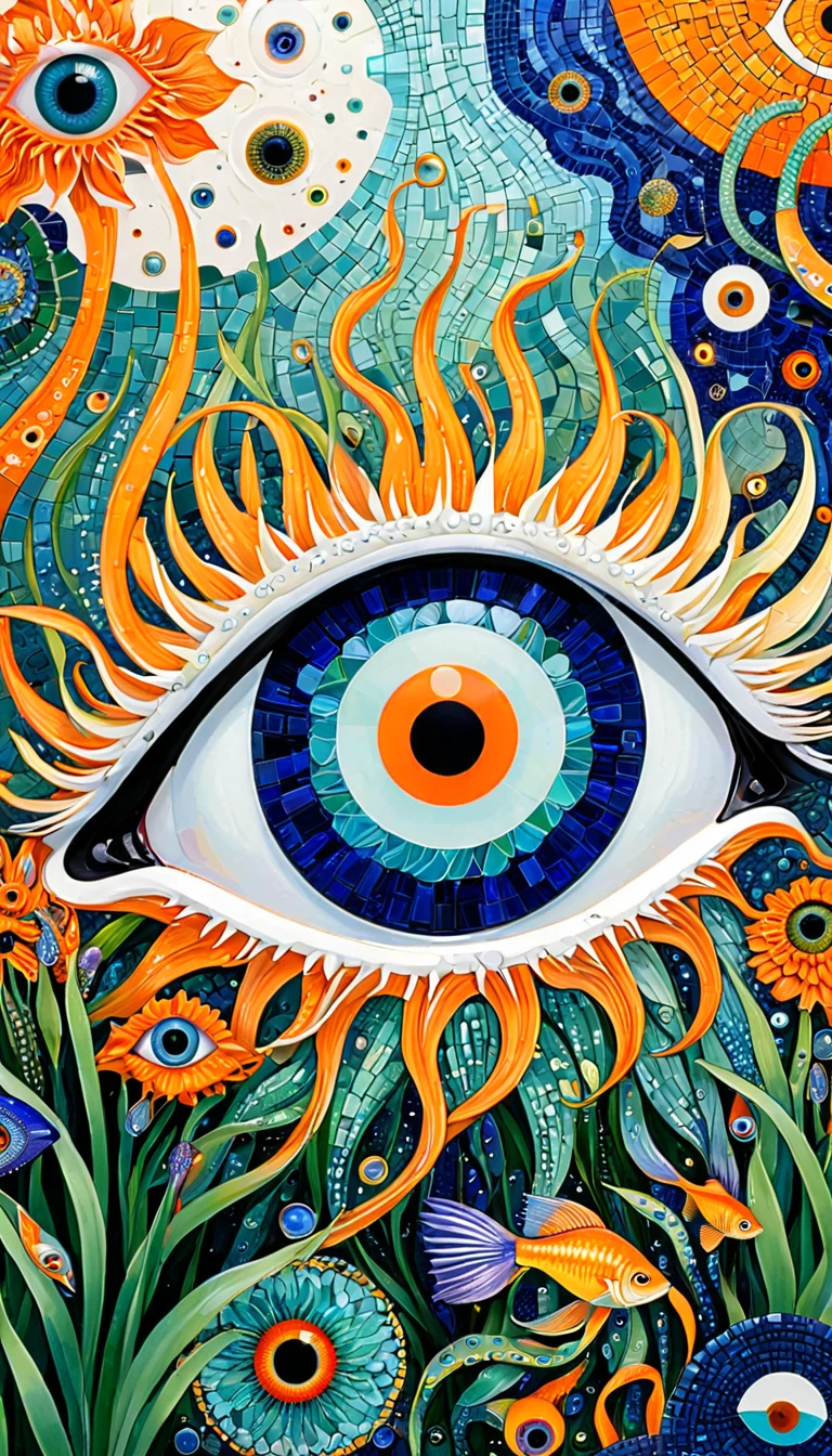 Psychedelic Art:Eye、iris、fish、Tentacles、bird、Eye、diatom,Abstract mosaic painting,Describing the inner world of autistic people,Sense of space,White Space,interesting,Innocence,Psychedelic Art,Orange overall