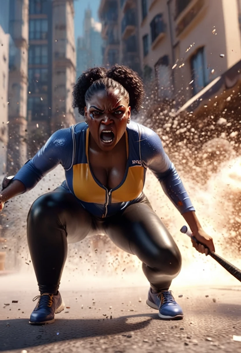 Angry black woman beating a bugatti windows with a baseball bat, glass particles dispersed, angry, 32k, ultra HD, unreal engine rendered, cinematic lighting