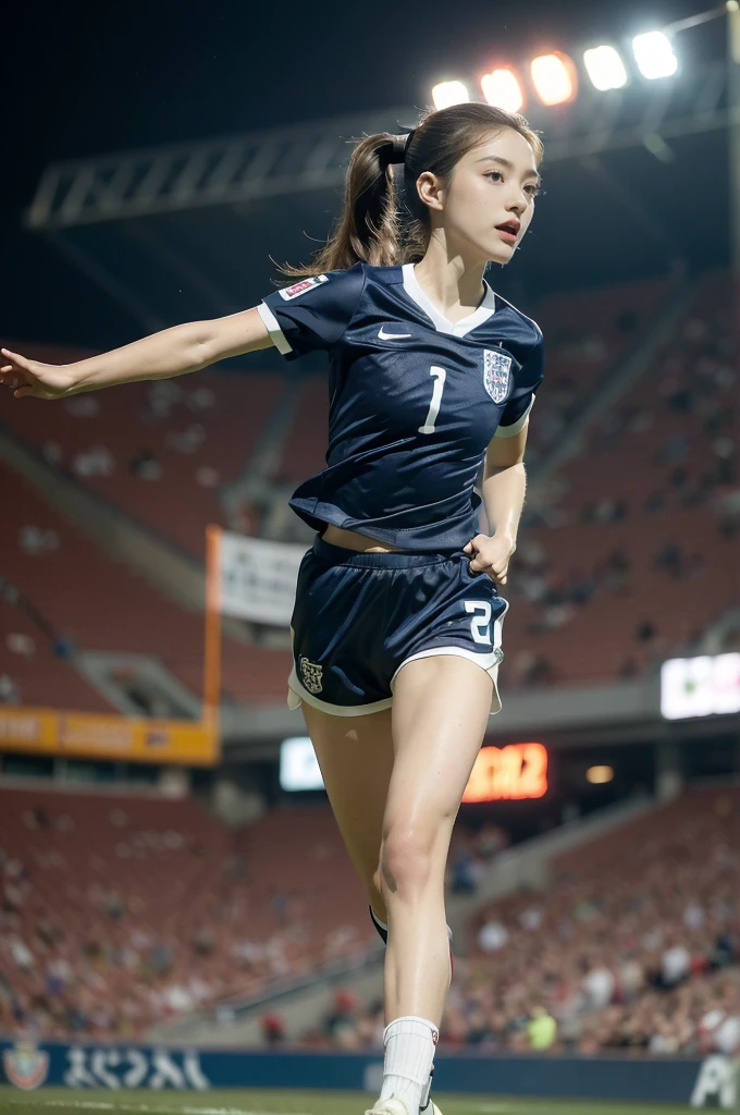 (((best quality))),(((ultra detailed))),(((masterpiece))),illustration,((1 beautiful girl,female footballer,solo)),((small breasts,flat chest)),((slim,thin)),summer night,stadium,crowded stands,enthusiastic spectators,football match,(short ponytail:1.2),(short sleeves:1.2),((England team kit,white shirt,Navy shorts)),(slender legs:1.2),(football:1.3),fluid movements,powerful,sweat,forehead,exhaustion,passion for football,purposeful running,electric atmosphere,crowd roar,critical juncture,pressure,undeterred,floodlights,luminous glow,long shadows,drama,breathtaking sight,raw passion,unbridled energy,determination,skill,embodiment of sport's spirit,strength,resilience of human spirit,(standing:1.3),((from front,full body))