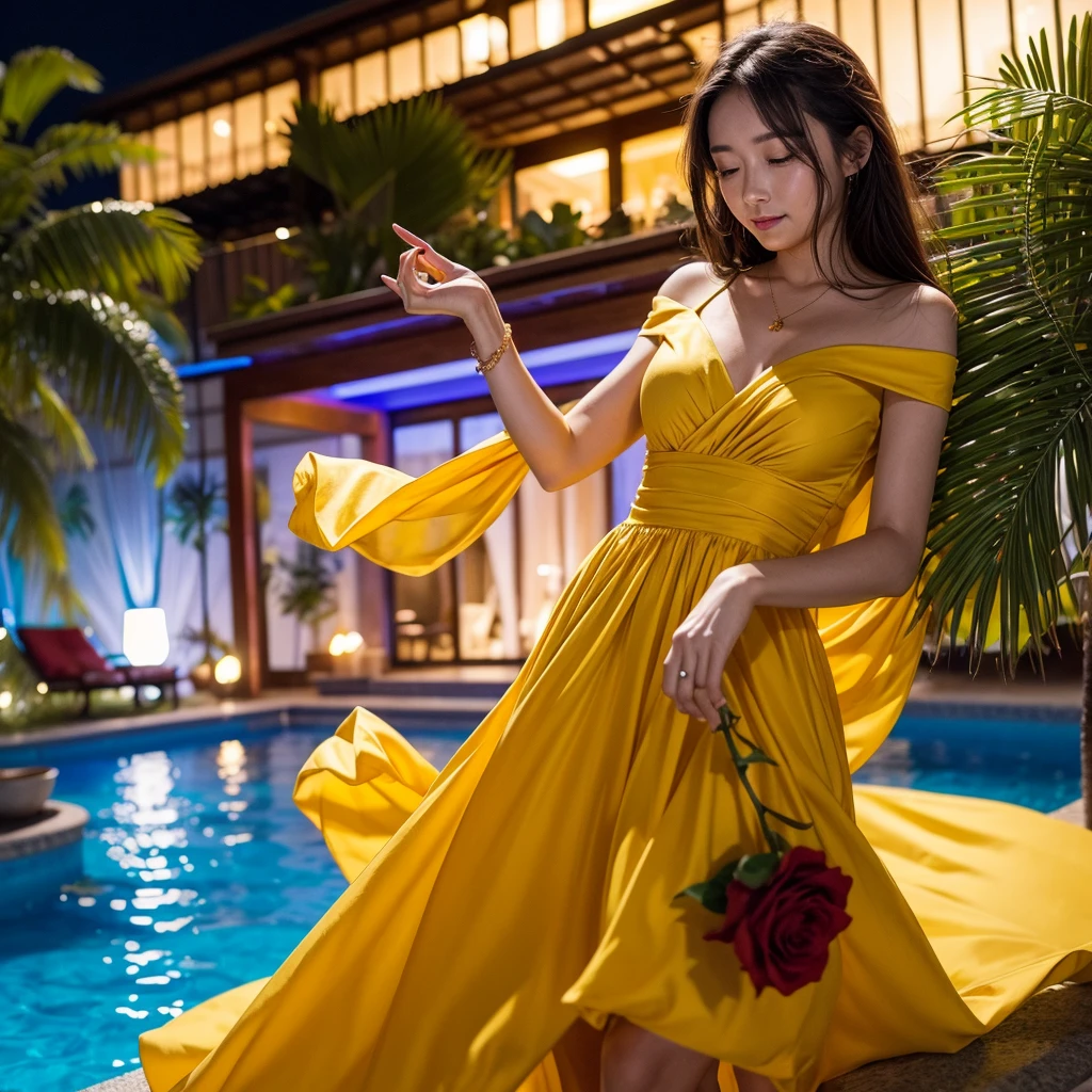 Wearing a yellow dress、A woman enjoying vacation at a tropical resort at night。With a red rose in my hand。