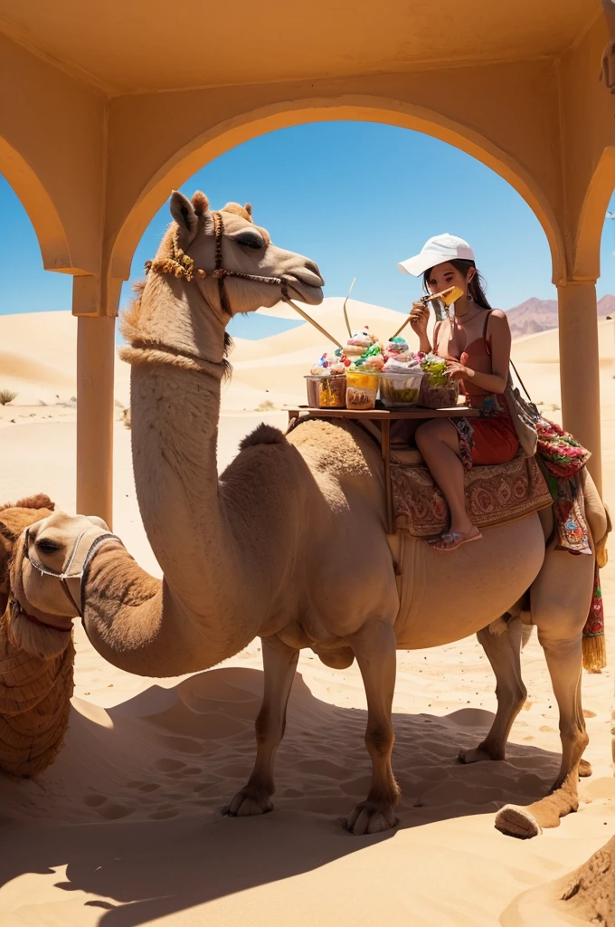 Create a desert with a camel eating ice cream in the oasis