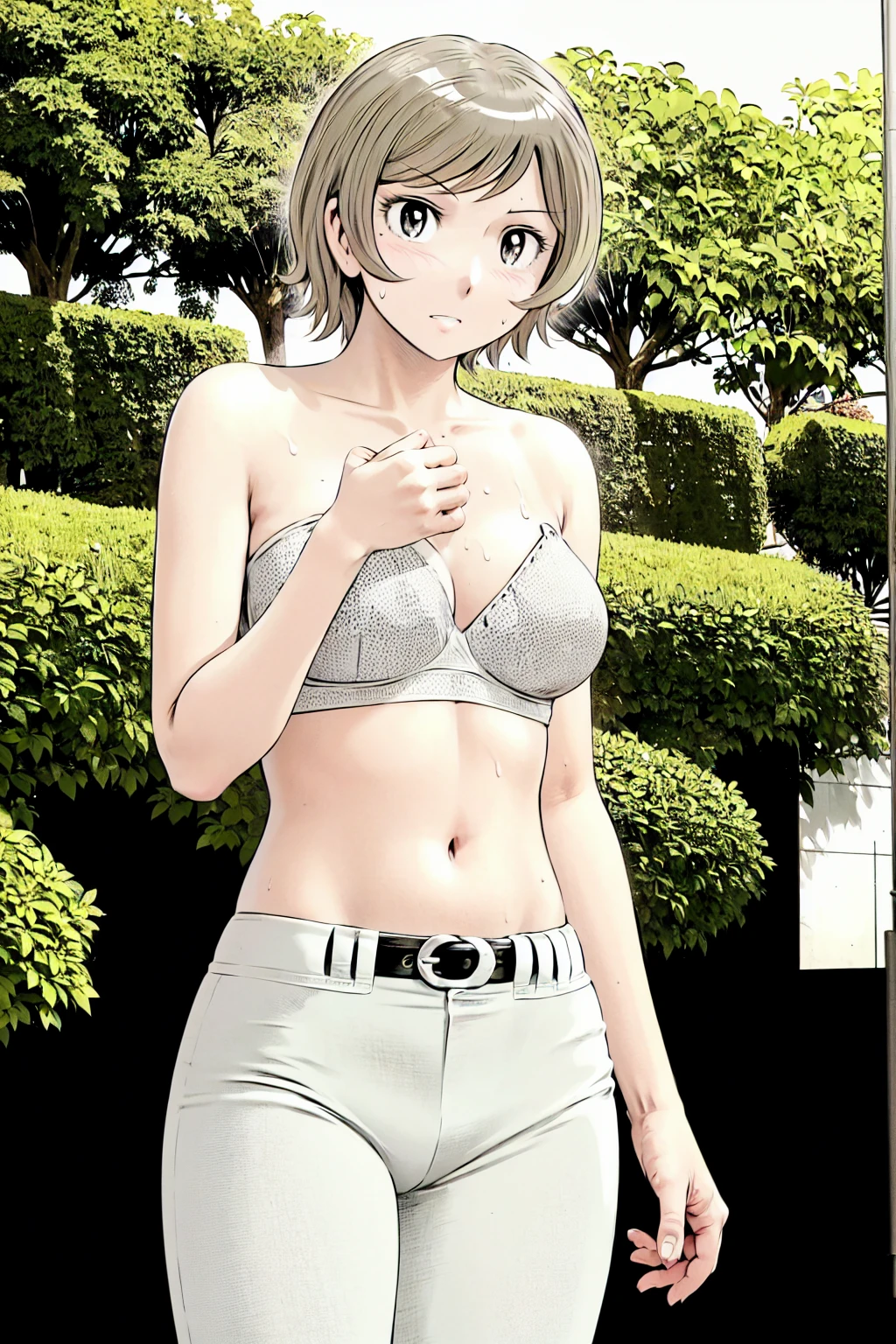 (Baseball uniforms:1.2),
blonde, (short hair:1.2),White trousers、Black belt、((Illustration of people))、Tube top bra、
View your viewers,, (Highest quality:1.3), White pants、Outdoor、baseball ground、ground、soil、blue eyeasterpiece、Highest quality)、Highest quality, Ultra-high resolution, (((masterpiece))), alone, Sweat、Big eyes、Large breasts、Torn clothes、 Fully exposed、Nipples、One Girl, Front view、Embarrassed face、Bronze colored hair、((short hair))、Stand up straight、Cowboy Shot