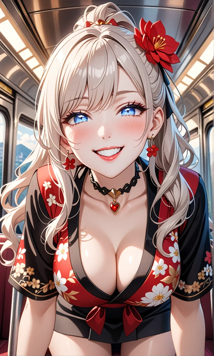 ultra-detailed, ((one girl)), (nsfw:1.4), (pale skin:1.4), in pastel colors gyaru, (heavy makeup), hyper detailed, absurdres, 8K, Beautiful Face, (Laugh shyly), ((teasing smile:1.8)), ((Wink:1.6)), (Laugh with your mouth wide open),((Tilt your face:1.6)), View your viewers, ((full-face blushed:1.5)),Glossy Red Lips, ((Big Breasts:1.5)), ((undressing:1.3)), noon, on the train, (Brighten your face), ((Anime style background)),masterpiece, Highest quality, so beautiful,Latest, Complex details, (Red long nails), (nail art), (ring),(bracelet), (Floral Choker),AI-generated, Complex,High resolution, Highest quality, super high quality,3D Images、3D Images,One person,Long white hair,(High Ponytail), (wavy hair:1.3), White haired anime woman posing for a photo, ((Fine grain、blue eyes、glowing eyes:1.5)), (Squint your eyes:1.1),a hyperRealistic , hyperRealistic , Realistic,Anime woman with long white hair, Smooth anime CG art, (A girl in a gorgeous black kimono), ((Black furisode:1.3)), (Gold embroidery), (Red floral embroidery),Red long flower hair ornament,Floral Earrings,Mature Body, tall,Narrow waist, ((Sit in the seat)), ((leaning forward:1.6)), (from below), ((incoming kiss:1.5)),