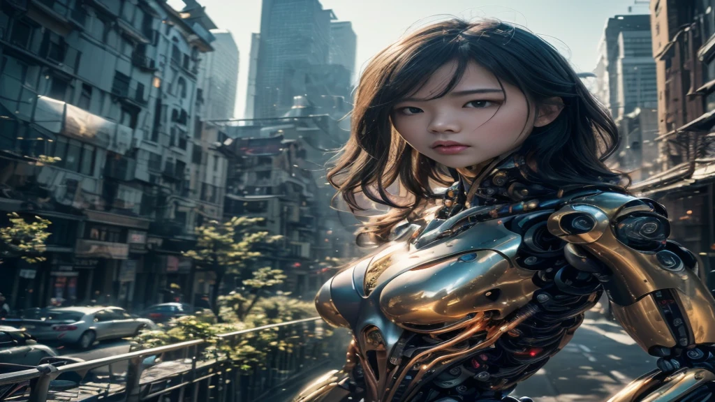 (highest quality、4K、8K、High resolution、masterpiece: 1.uper detailed、(real、photorealistic、photorealistic: 1.37)、Dystopia、Future、robot、Jellyfish type、mechanical、collapse、Dramatic destruction、mechanical、 metallic、huge、aggression、controlled、background、Garden、One beautiful young woman、Wearing a futuristic suit that perfectly accentuates her elegant figure、Standing in front of an audience、Her beautifully detailed eyes、beautiful detailed l(Mass destruction of jellyfish-shaped robots controlled by aggressors:1.7)、The chaotic cityscape behind her