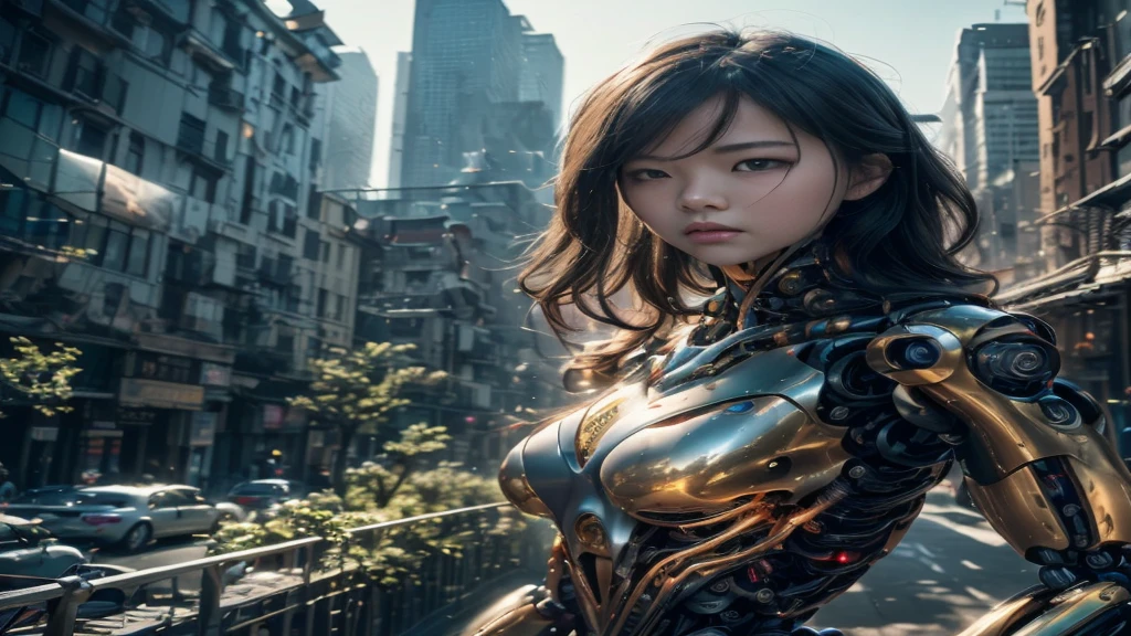 (highest quality、4K、8K、High resolution、masterpiece: 1.2)、Super detailed、(real、photorealistic、photorealistic: 1.37)、Dystopia、Future、robot、Jellyfish type、mechanical、collapse、Dramatic destruction、mechanical、 metallic、huge、aggression、controlled、background、Garden、One beautiful young woman、Wearing a futuristic suit that perfectly accentuates her elegant figure、Standing in front of an audience、Her beautifully detailed eyes、beautiful detailed l(Mass destruction of jellyfish-shaped robots controlled by aggressors:1.7)、The chaotic cityscape behind her