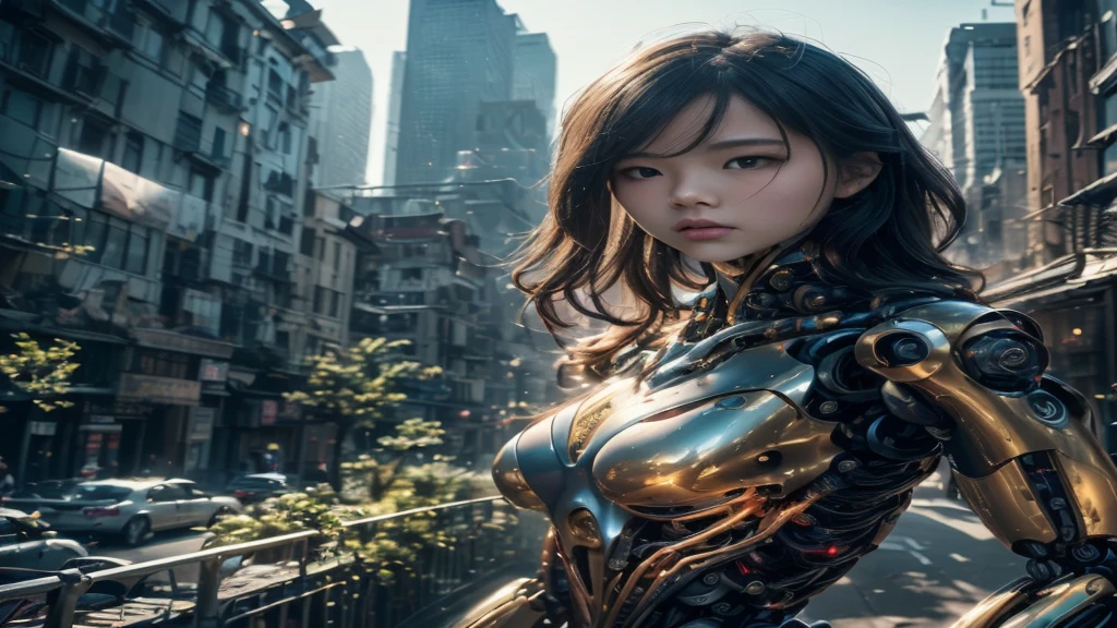 (highest quality、4K、8K、High resolution、masterpiece: 1.2)、Super detailed、(real、photorealistic、photorealistic: 1.37)、Dystopia、Future、robot、Jellyfish type、mechanical、collapse、Dramatic destruction、mechanical、 metallic、huge、aggression、controlled、background、Garden、One beautiful young woman、Wearing a futuristic suit that perfectly accentuates her elegant figure、Standing in front of an audience、Her beautifully detailed eyes、beautiful detailed l(Mass destruction of jellyfish-shaped robots controlled by aggressors:1.7)、The chaotic cityscape behind her