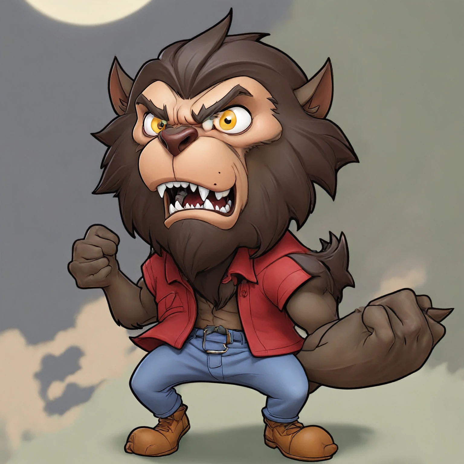 cartoon illustration of a werewolf with a red shirt and blue jeans, angry high moral sexy werewolf, werewolf man, werewolf?, werewolf, muscular werewolf, big bad wolf, werewolf”, an anthropomorphic wolf, anthropomorphic wolf, an anthro wolf, transforming into werewolf, inspired by Samuel Hieronymus Grimm, portrait of a werewolf, scary angry pose